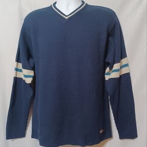 Woolrich Men's New Navy and Beige Ribbed V-Neck Sweater. Size M